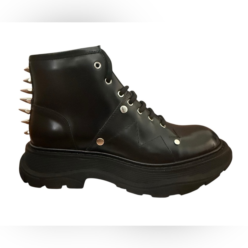 Alexander McQueen Tread Slick Leather Lace Up Spike  Combat Boots